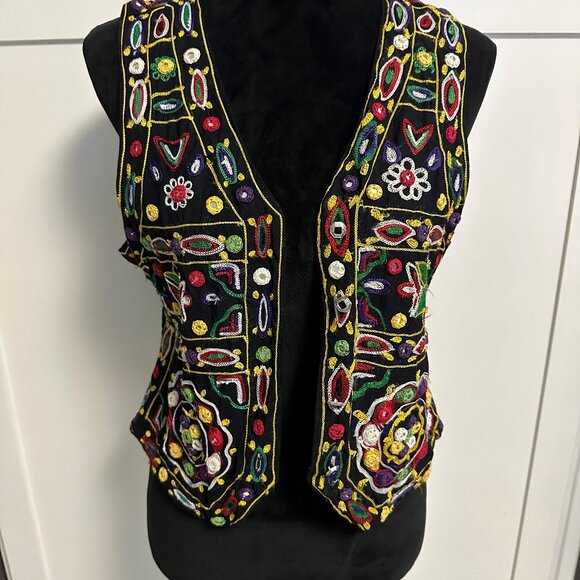 Copper Key Vintage Women's Embroidered Vest Size L-14 Plastic Mirrors Bo… - Picture 1 of 9